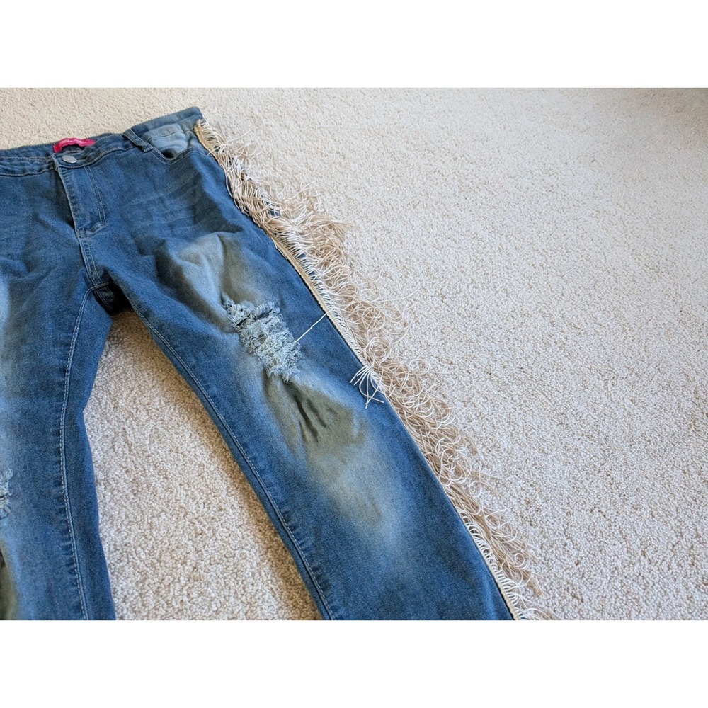 Mundefeis Womens Denim Fringe Boho Jeans XL Blue Distressed Straight Leg - Picture 4 of 14